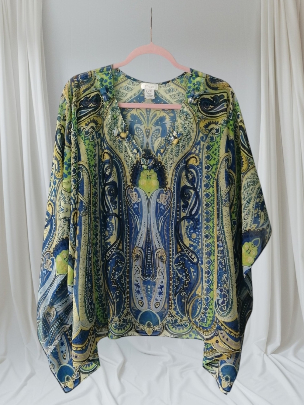 Paisley Embellished V-Neck Tunic in Blue & Green